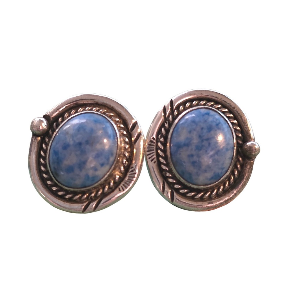 Vintage Navaho Signed JG‎ 925 Sterling Silver Denim Blue Lapis Stud Earrings